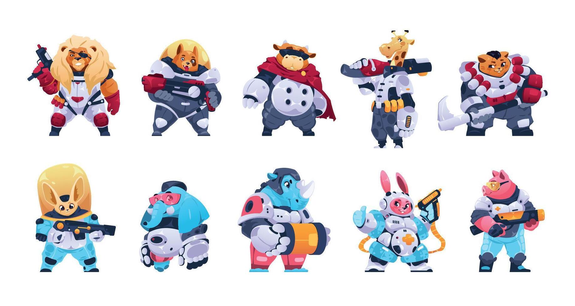 Warrior animals. Cartoon funny superhero fantasy game characters in armor with weapon, cute colorful flat kid creatures brave fighters. Vector isolated set