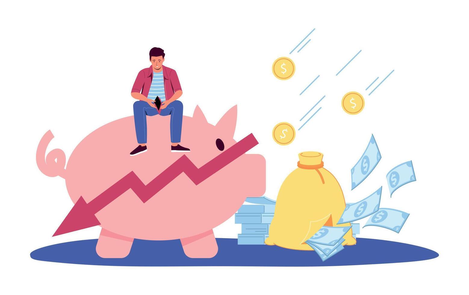 Financial crisis. Poor man sitting on piggy bank and opening empty wallet. Male character loosing money vector