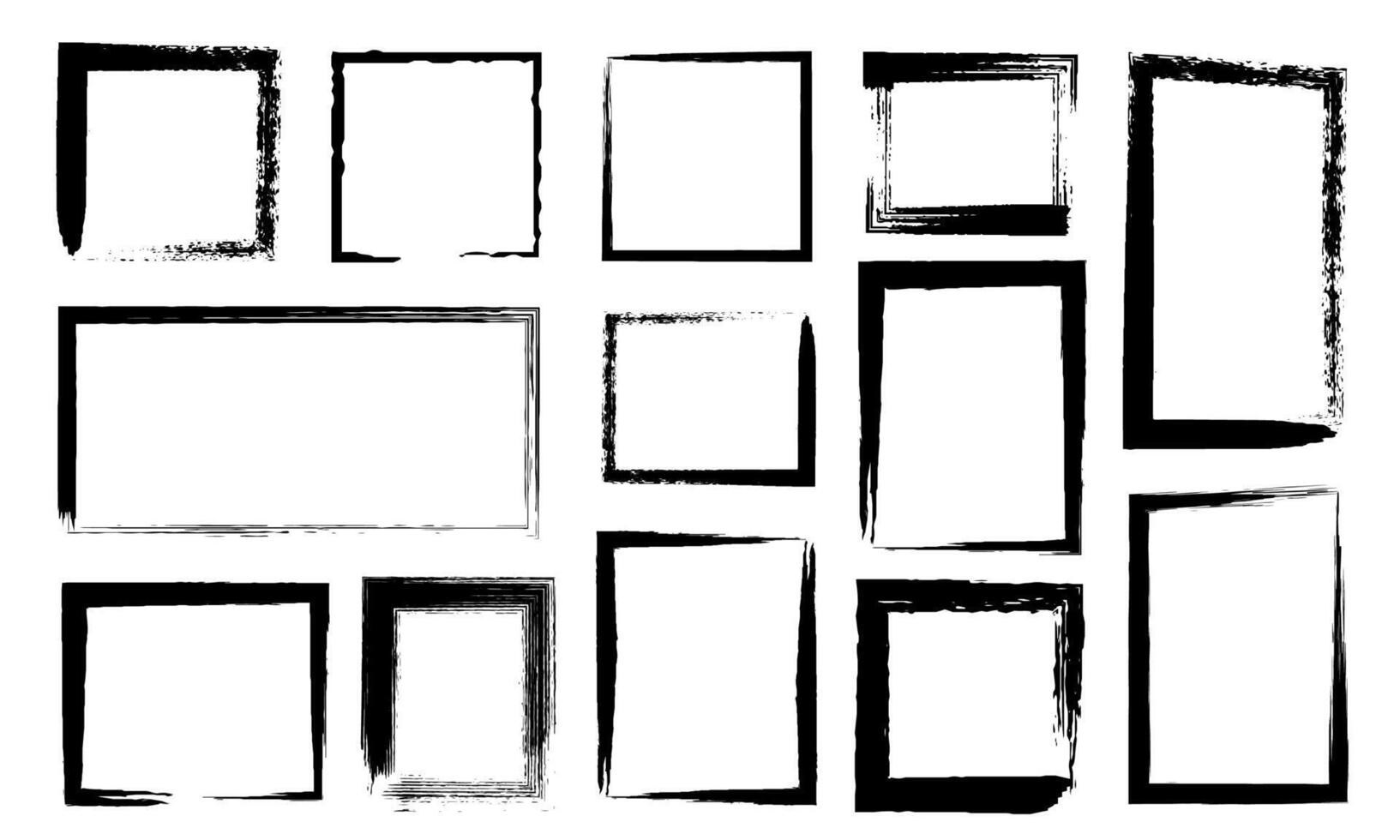 Grunge frames. Dirty borders with black paint brush strokes. Ink rectangle edges with distress texture. Rough line sketch squares vector set