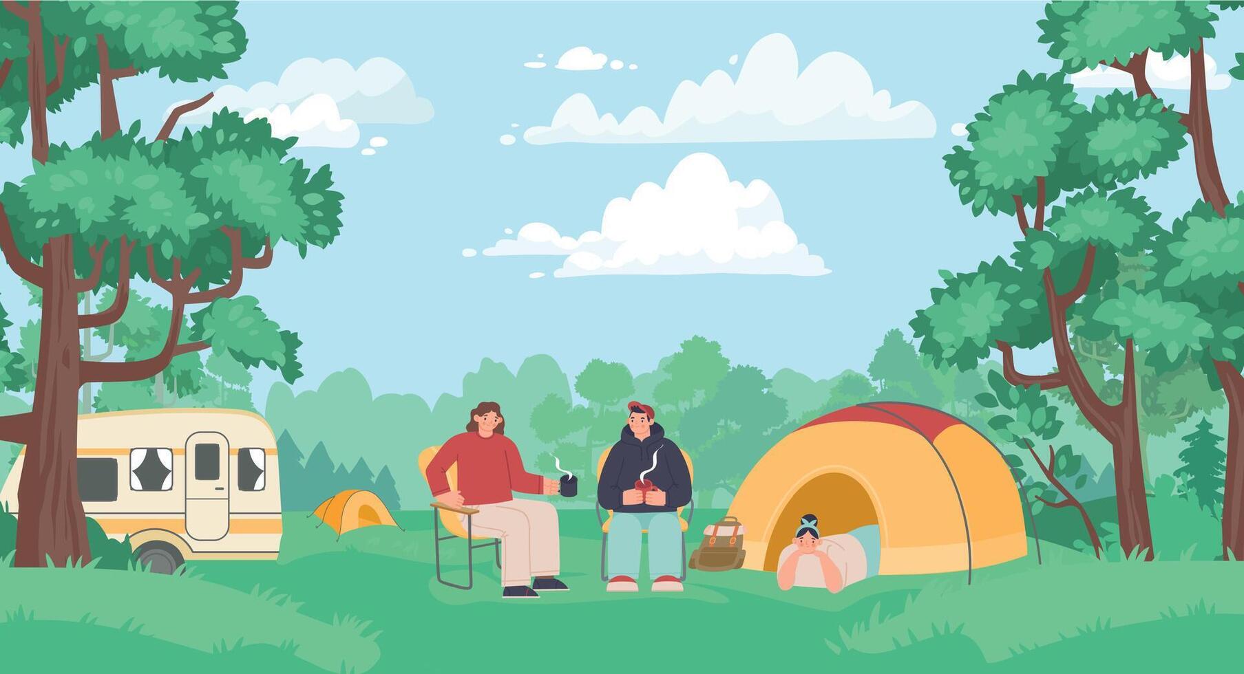 Scout kids. Female and male tourists sitting on chairs in nature and drinking tea. Woman lying in tent vector