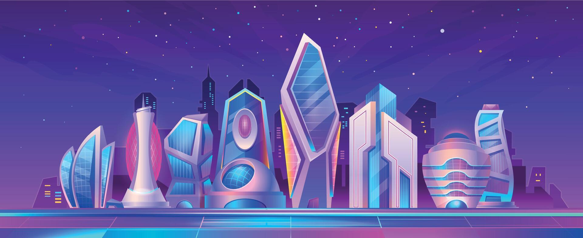 dibujos animados futurista ciudad noche paisaje con neón ligero. cyberpunk futuro metrópoli calle con rascacielos ficción paisaje urbano vector escena