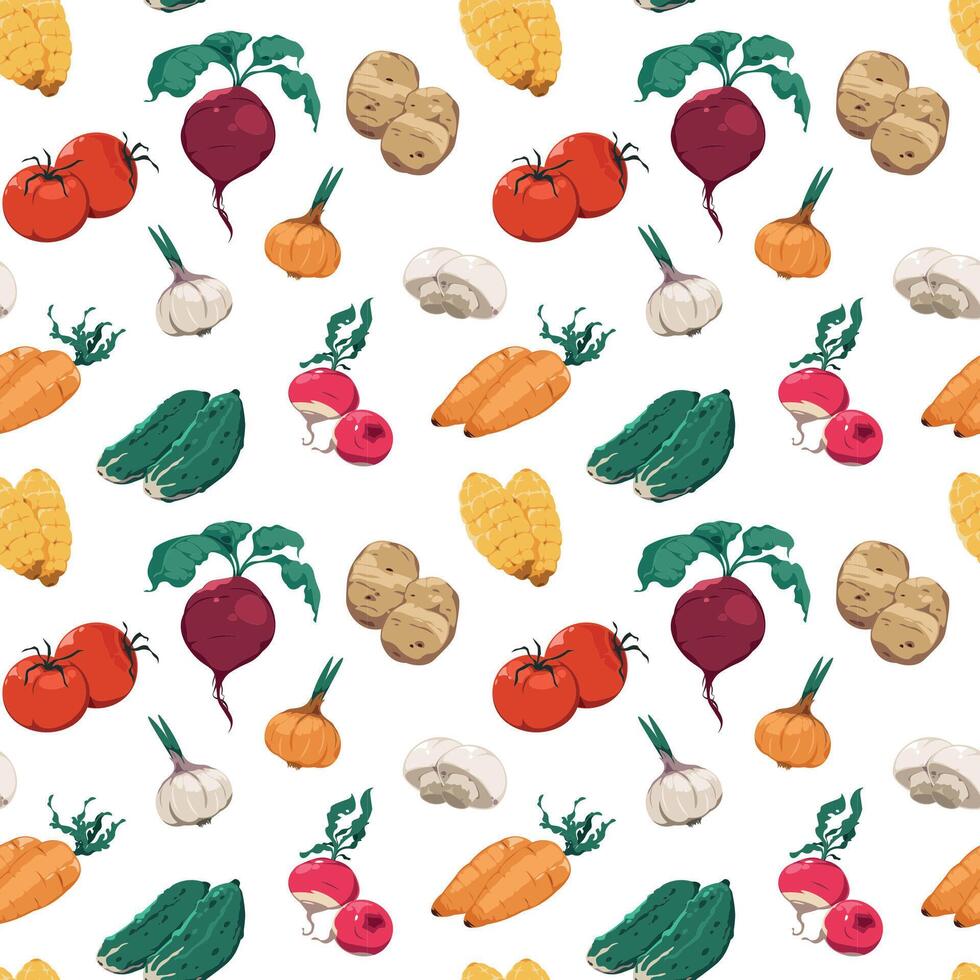 Cartoon vegetables pattern. Seamless print of fresh farm food, potato tomatoes cabbage cucumber decoration for restaurant menu brochure. Vector texture