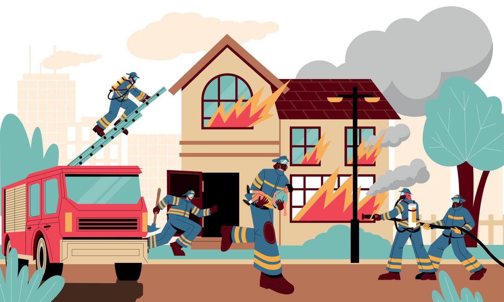 Firefighters at burning house. Fireman characters extinguish fire building with hose, emergency workers with firetruck rescue people from blaze. Vector illustration