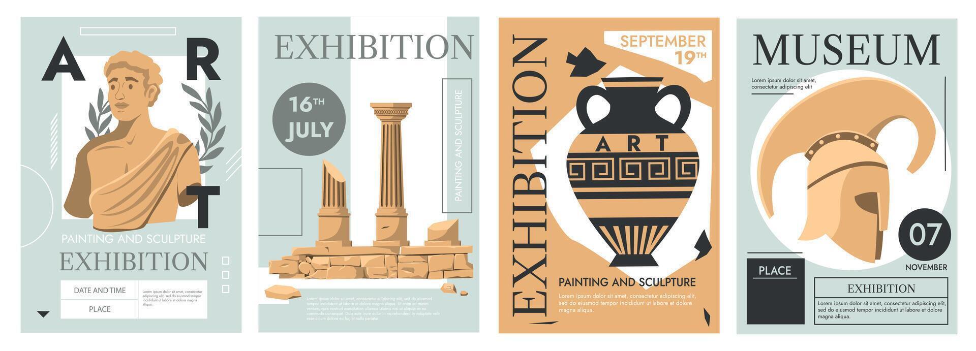 antiguo exposición carteles contemporáneo museo volantes diseño con antiguo restos y griego esculturas para evento invitación, revista o cubrir. vector conjunto