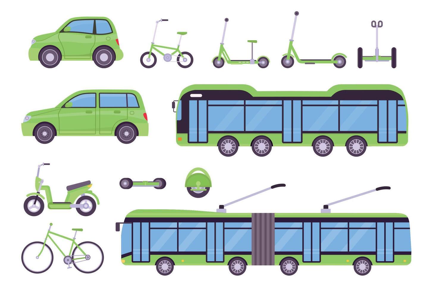 Flat eco transport electric bus, cars, scooter, bicycles and board. Urban smart ecological vehicles. Environment friendly ride vector set