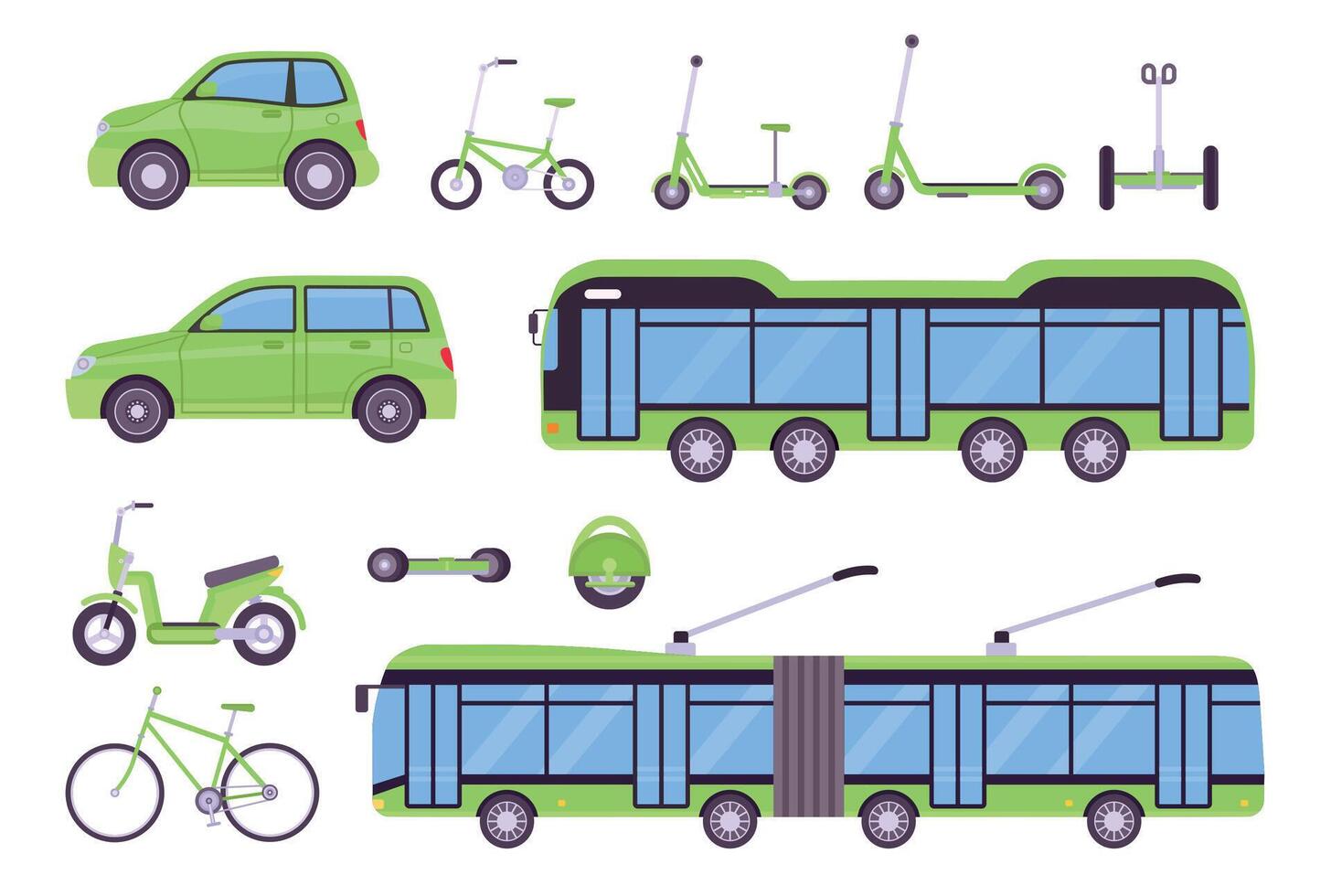 plano eco transporte eléctrico autobús, carros, scooter, bicicletas y tablero. urbano inteligente ecológico vehículos ambiente simpático paseo vector conjunto