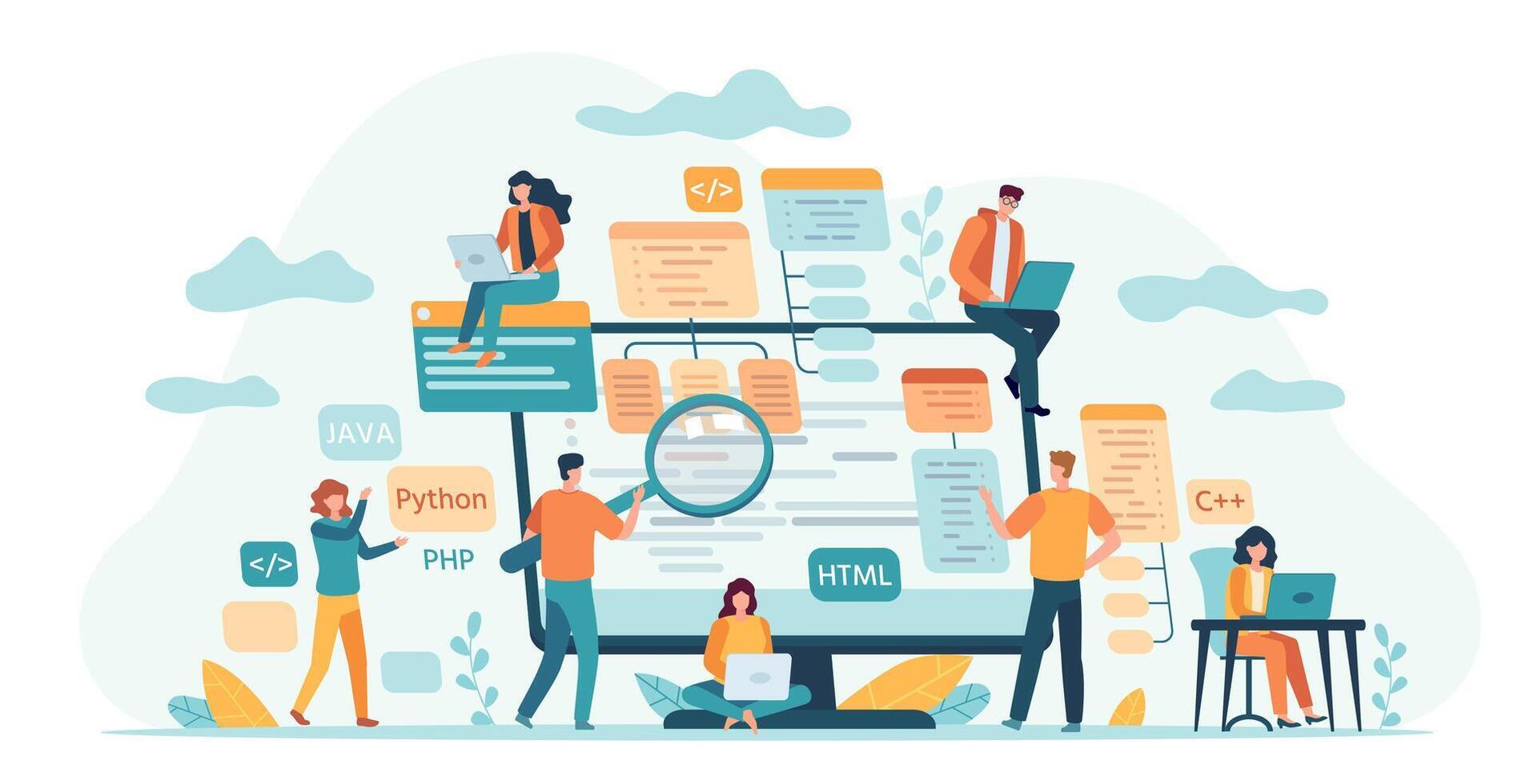 Program development team. Web or software developers, programmer and coding engineer work in group. IT-specialists write code vector concept