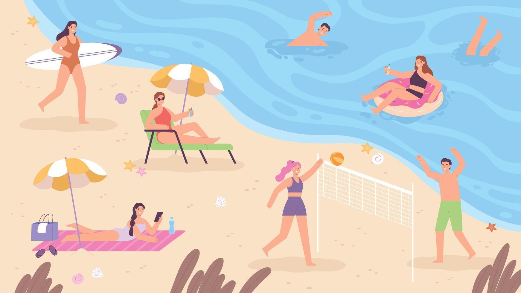 plano verano mar playa paisaje con personas a vacaciones. turistas surf, nadar, broncearse y jugando vóleibol a costa vector escena