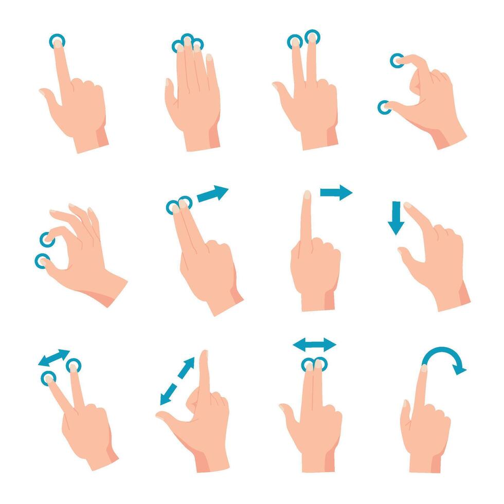 Hand gestures for smartphone, tablet ot laptop interactive touchscreen. Finger swipe, touch, zoom, drag and rotate phone screen vector set