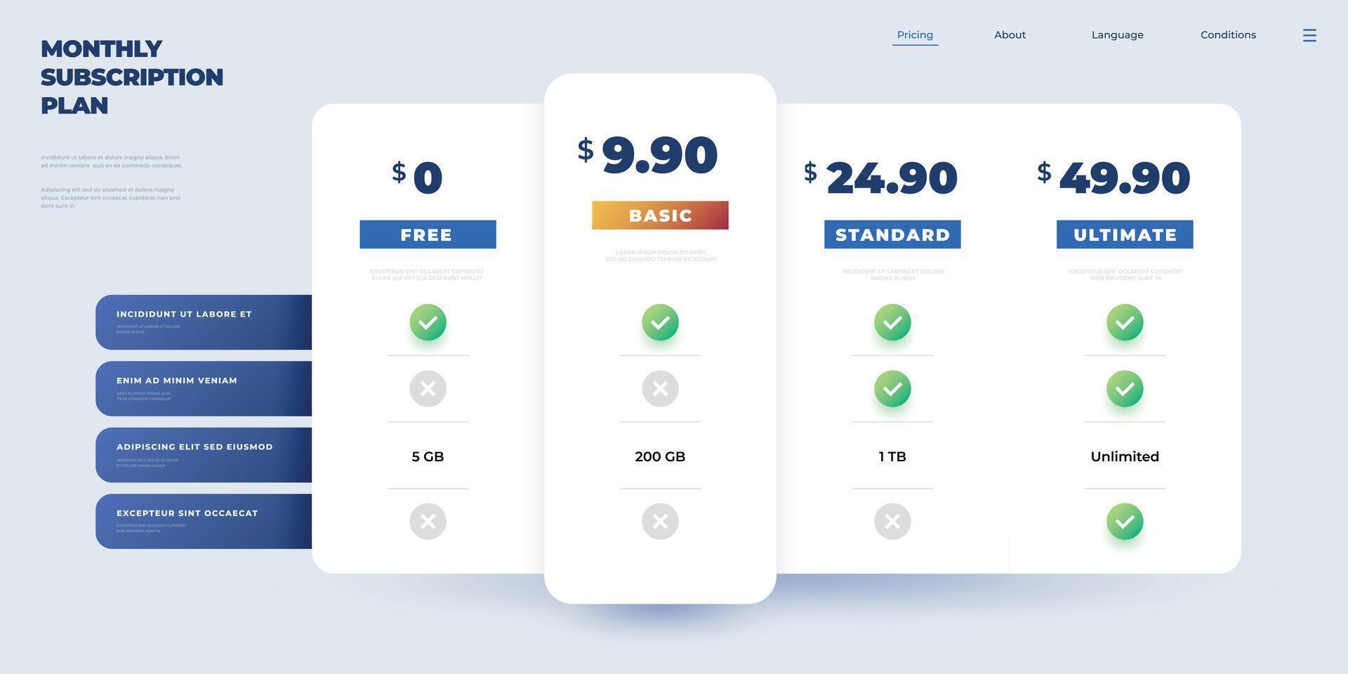 Price plan. Comparison table infographic, monthly subscriptions checklist with options and advantages. Vector modern feature spreadsheet template