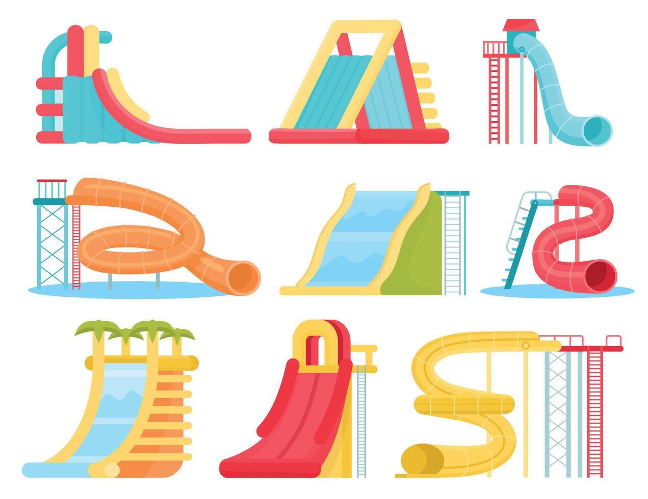 Inflatable water slides and plastic spiral tubes for aquapark pools. Cartoon amusement swimming park for extreme entertainment vector set