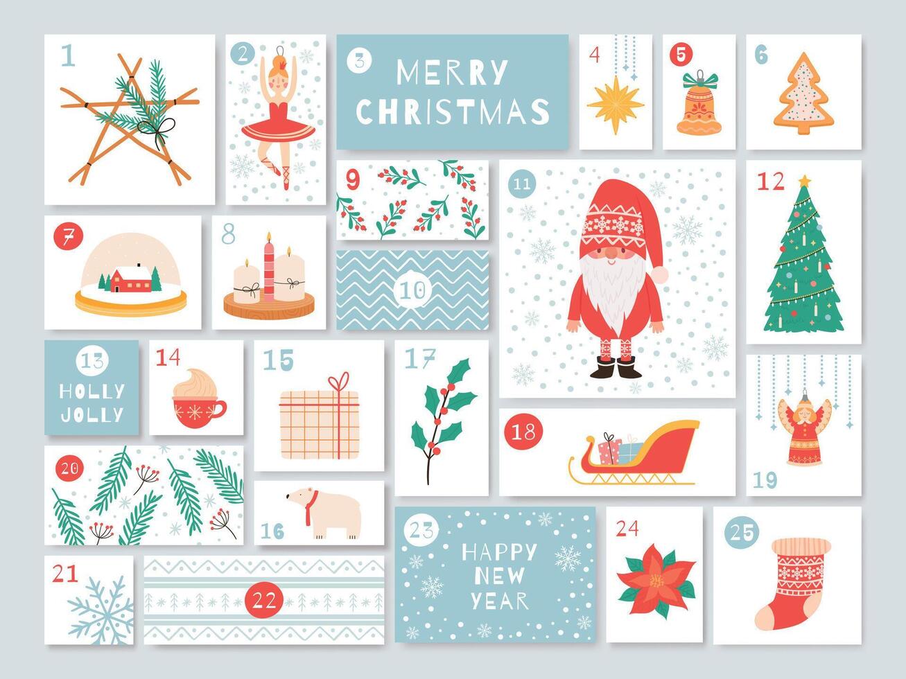 Christmas advent calendar, holiday event day to new year vector