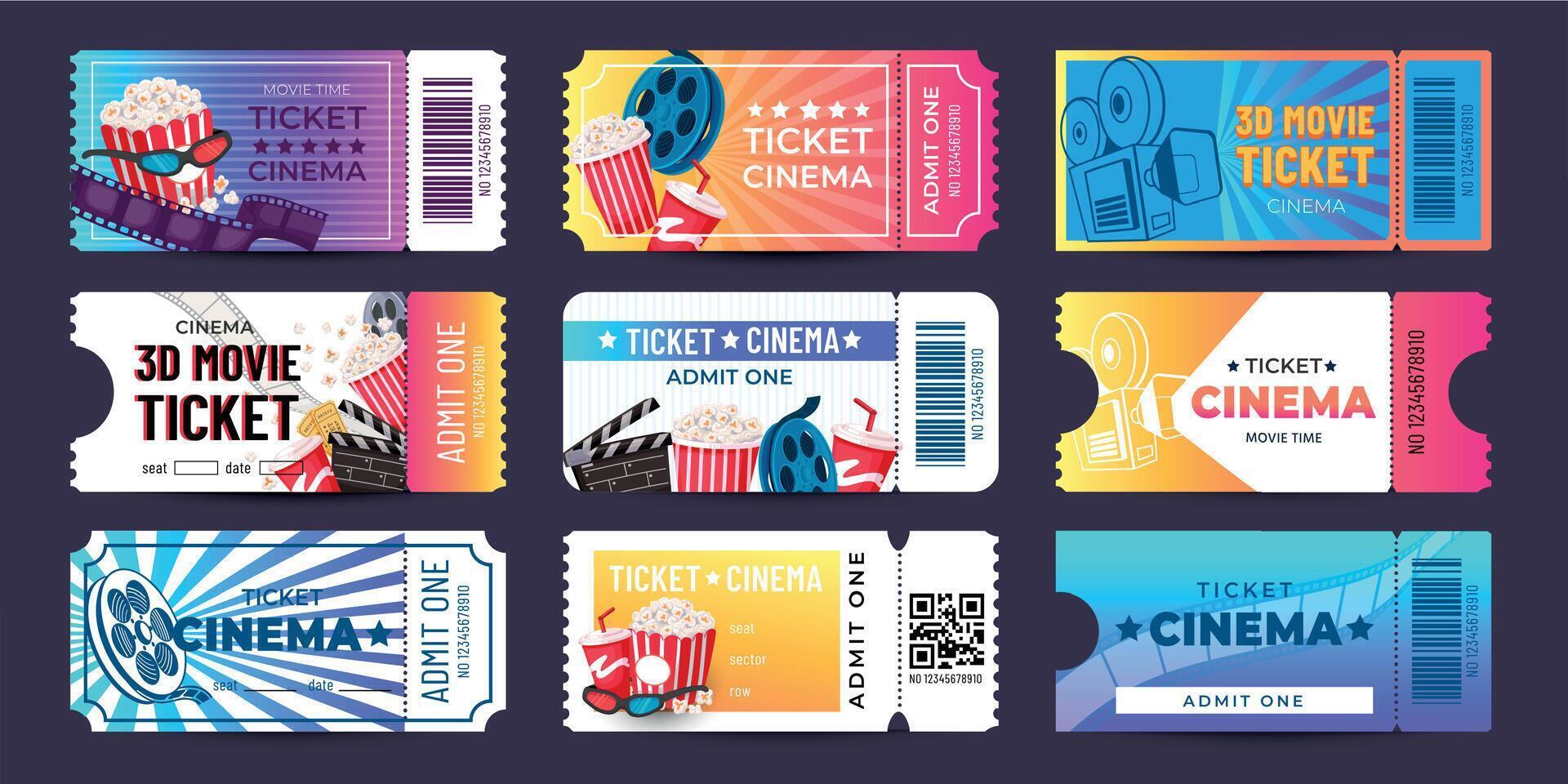 Movie tickets. Cinema event coupon with cartoon icons, retro entry admission ticket mockup design. Vector film festival invite banner collection