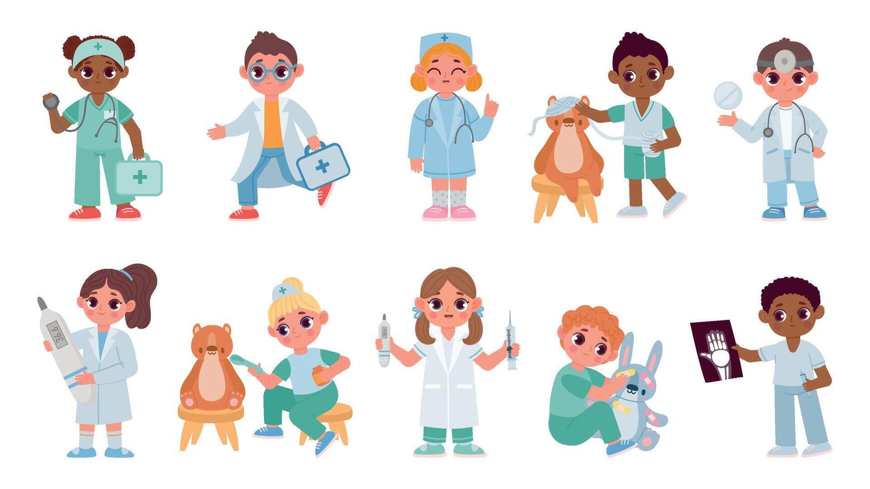 niños jugar hospital en médico uniforme con primero ayuda equipo juguete. linda dibujos animados niños con médico equipo. cuidado de la salud profesión vector conjunto