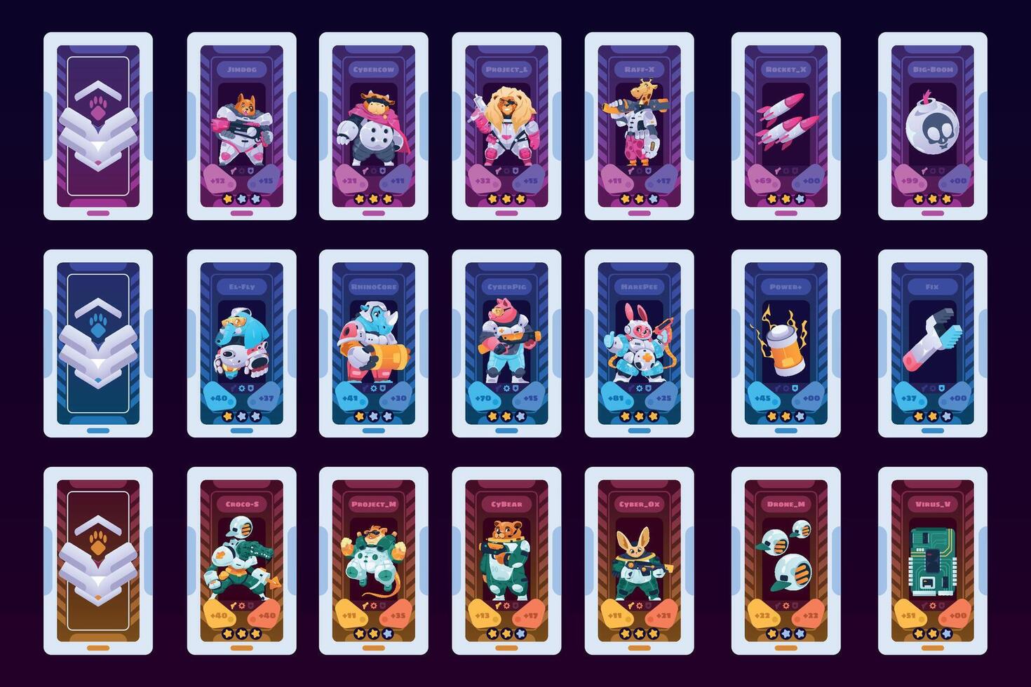 Card game characters. Cartoon deck with fantasy warrior animals, UI decorative frame with funny mascots for RPG sprite game asset. Vector colorful set