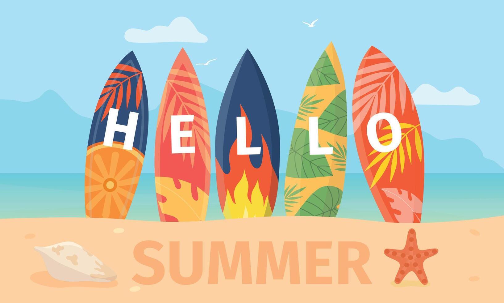 Cartoon hello summer poster with surfboard on sea beach. Tropical island landscape with swimming board on sand. Surf vacation vector concept