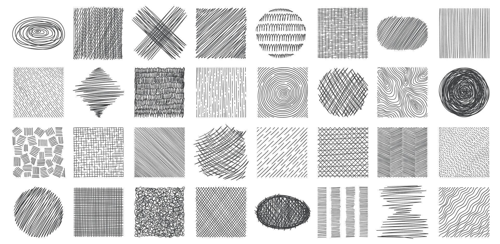 Escribiendo escotilla texturas sucio líneas y arañazos de varios formas, creativo resumen golpes y eclosión efecto. vector garabatear golpes y garabatos aislado conjunto