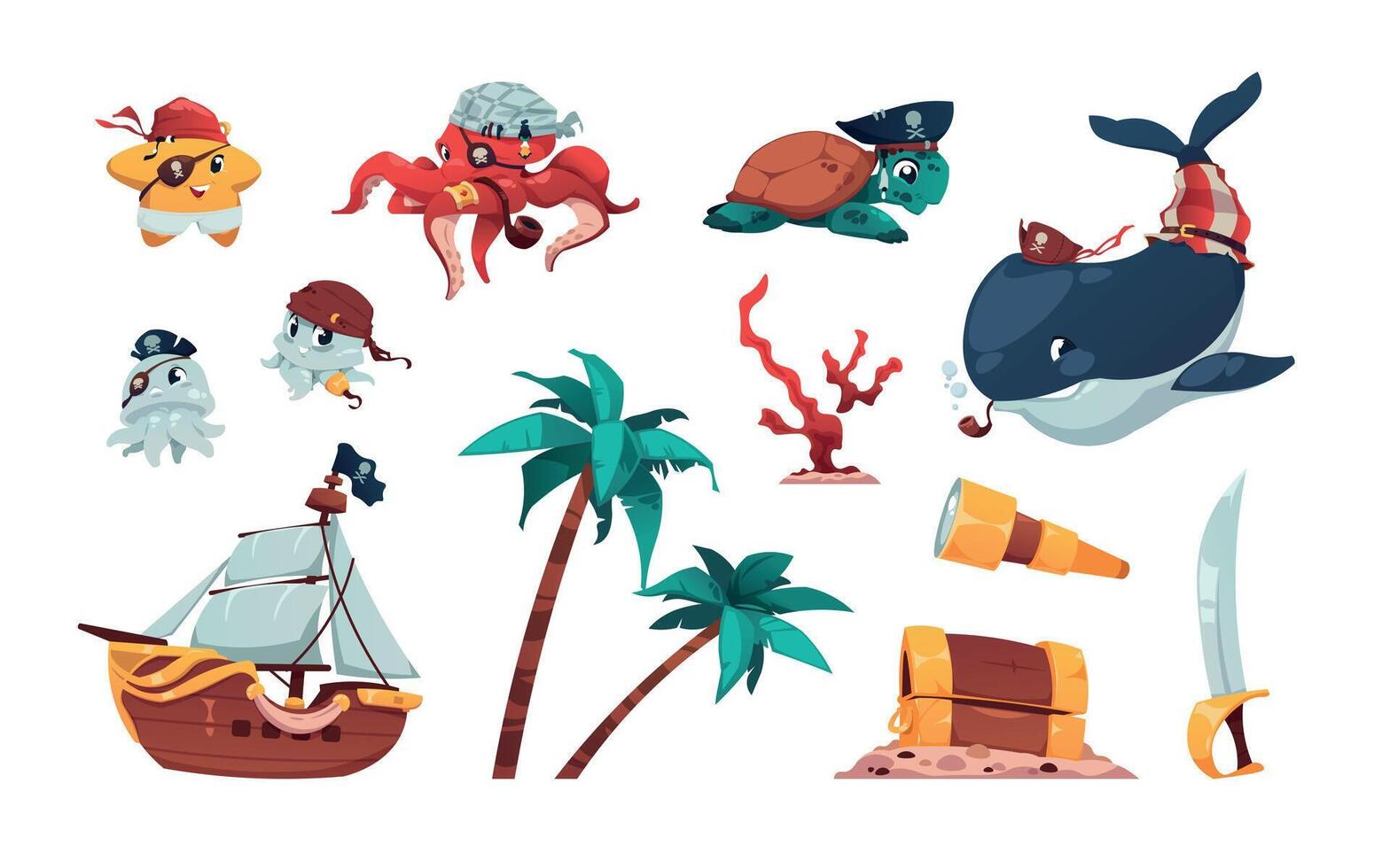 Cartoon pirate collection. Cute marine animals in pirate costumes, spyglass wooden chest palm trees and sailboat kids illustration. Vector isolated set