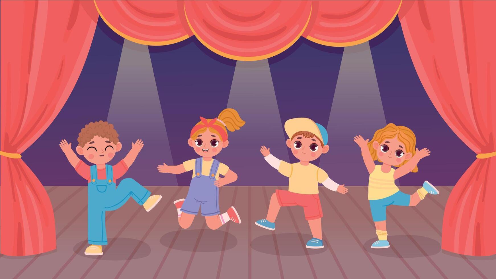 Cartoon kids performing dance on theatre stage with curtain. Kindergarten boys and girls group activity. Children dance show vector concept