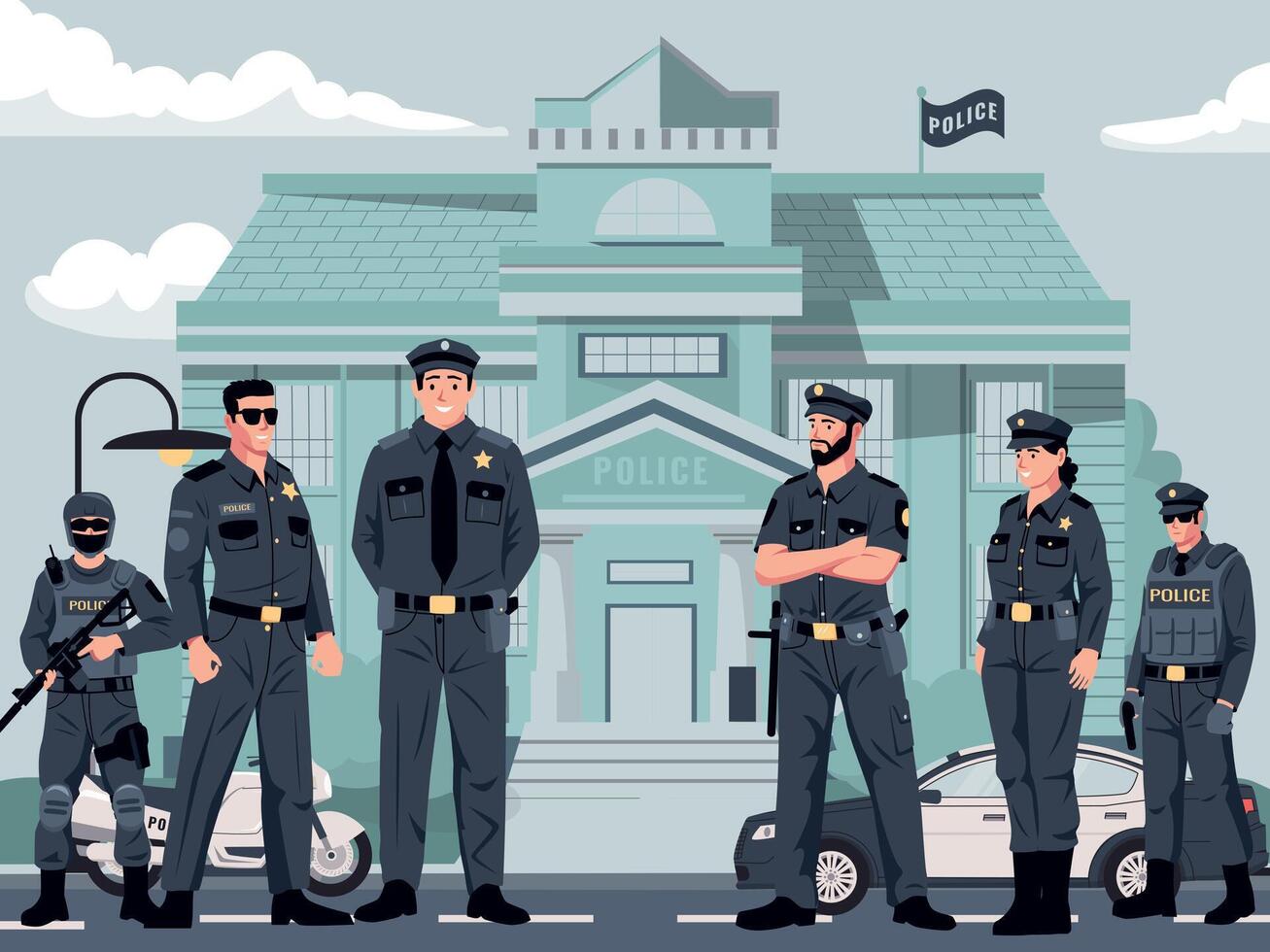 policía estación. ciudad Departamento exterior con patrulla carros y policía oficiales, investigación oficina con policías plano dibujos animados estilo. vector ilustración