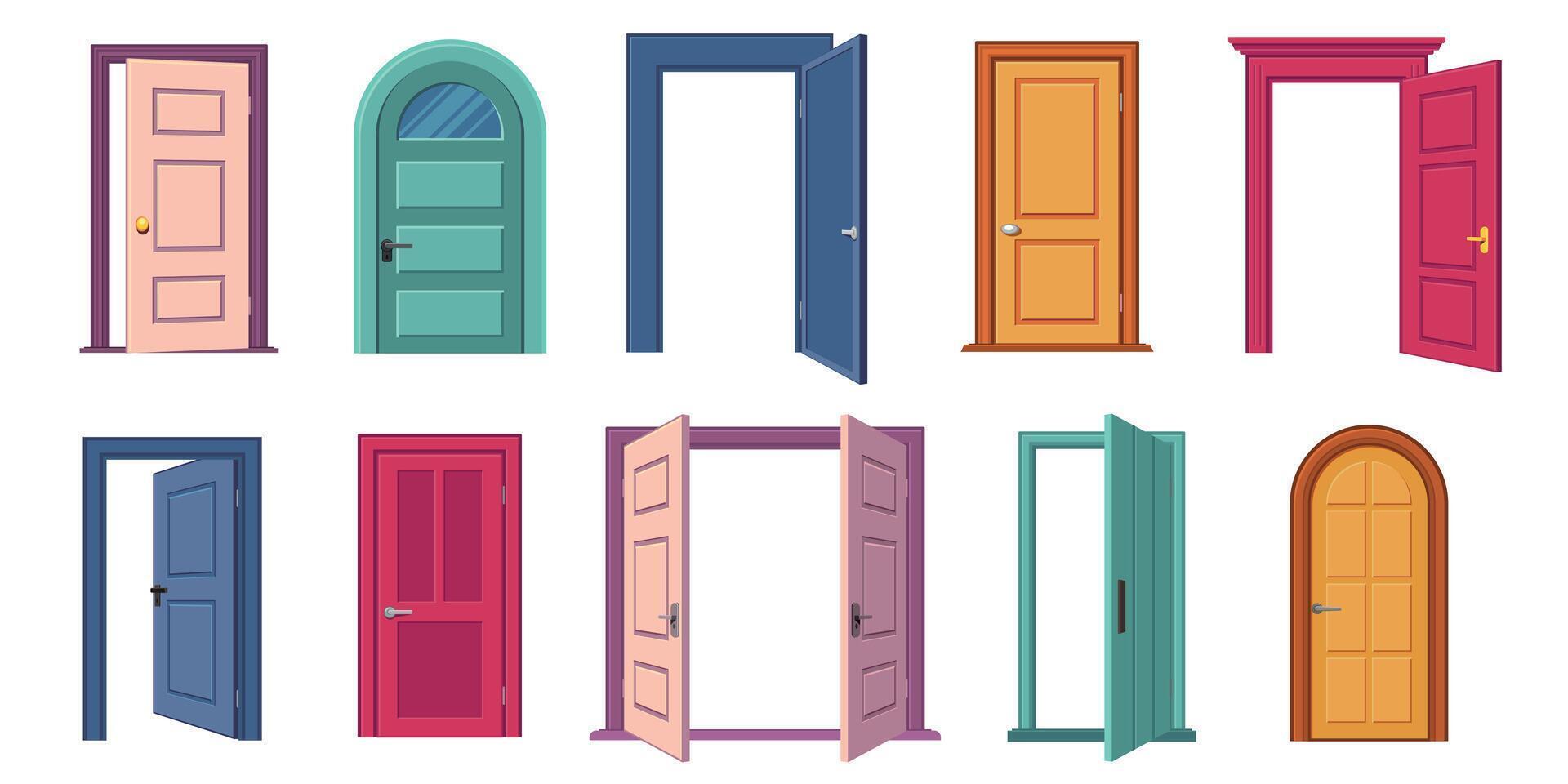 Open and closed door collection. Cartoon entrance and exit doors with handles and frames, home exterior architecture concept. Vector set