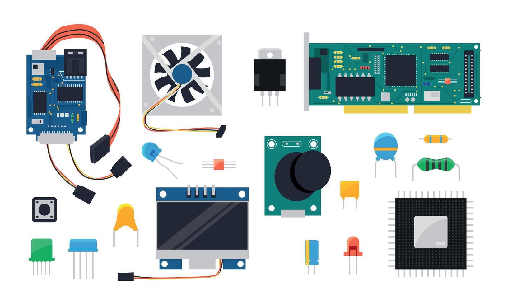 bricolaje controlador. eléctrico y mecánico componentes para microcontrolador y inteligente hogar circuito junta, monitor alambres y semiconductores vector conjunto