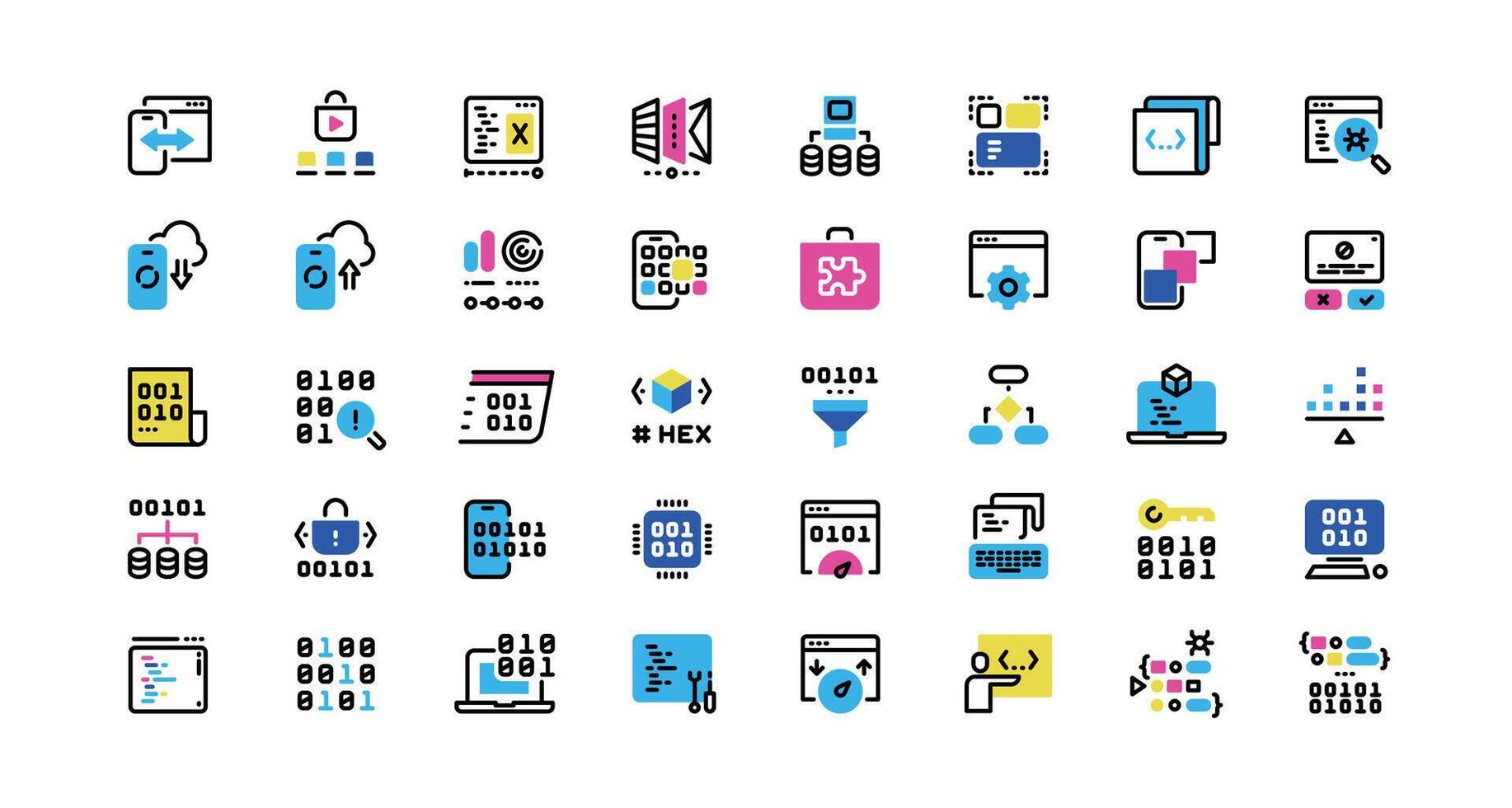 Software development line icons. Program coding, application architecture, front-end and back-end development, authorization security. Vector editable stroke