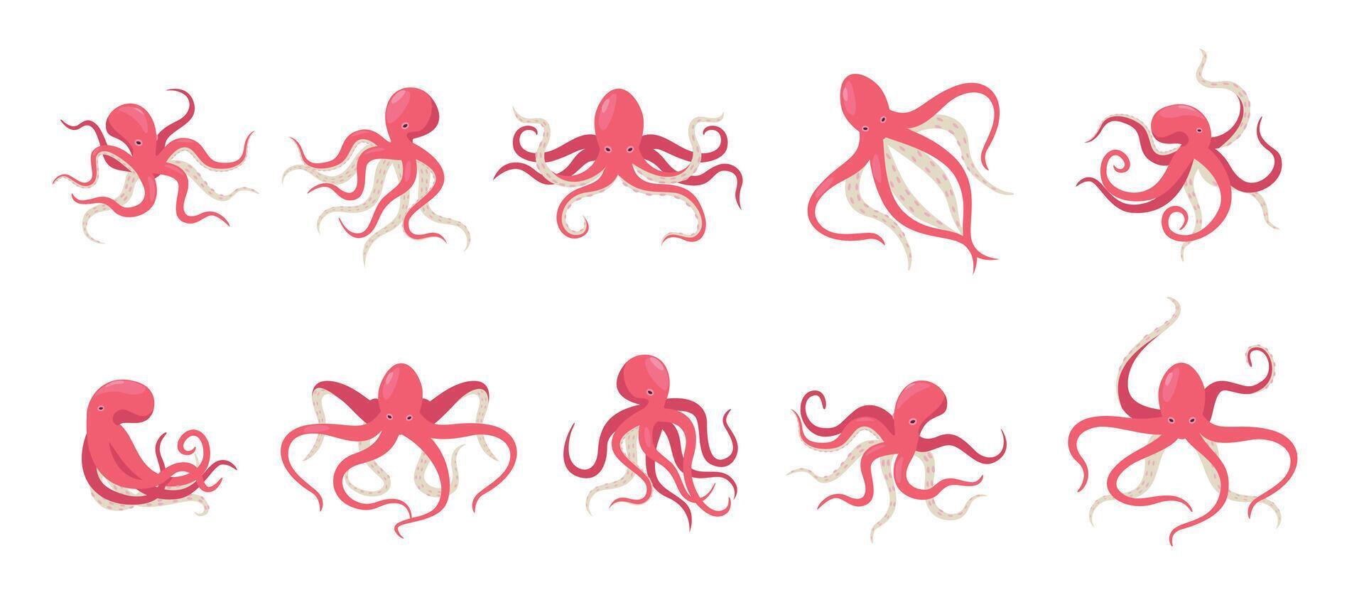 Cartoon octopus. Playful red octopus in various postures and expressions, underwater creature. Vector sea animal with tentacles collection