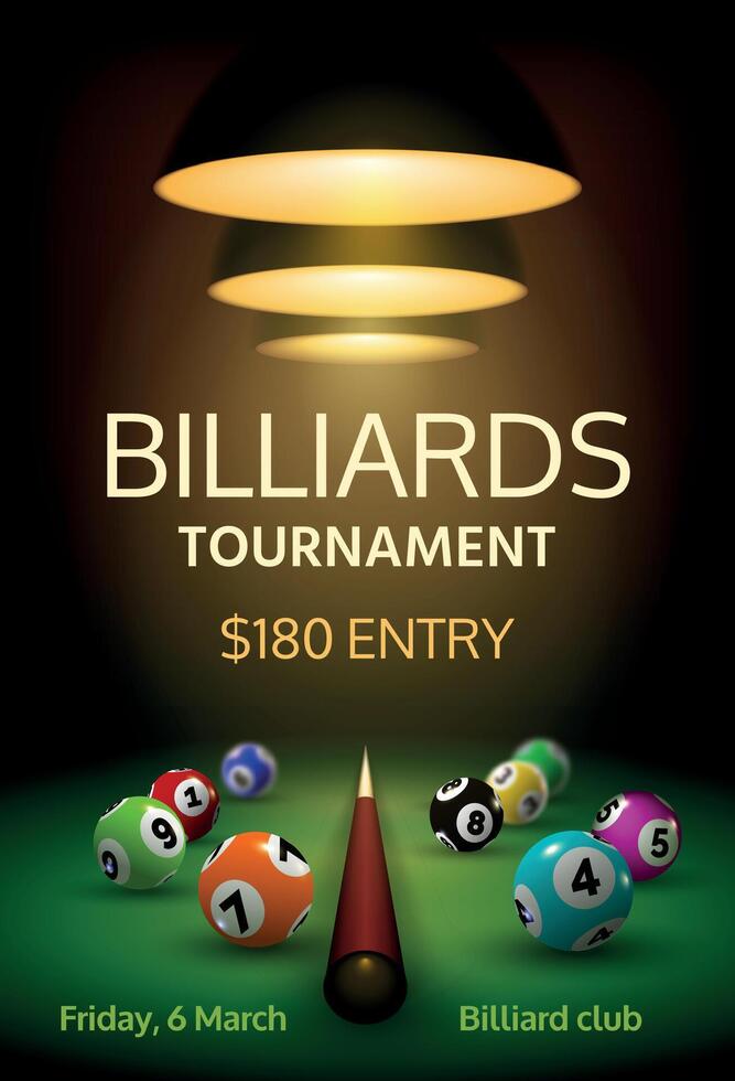 Billiard tournament poster with realistic balls and cue on green table. Snooker or american pool sport championship event 3d vector banner