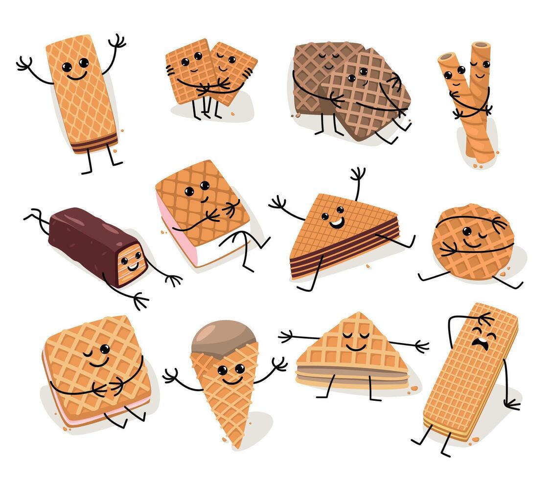 dibujos animados gofre caracteres. linda contento kawaii caras en crujiente Belga oblea bocadillo, delicioso Belga postre, gracioso mascota con facial expresiones vector conjunto