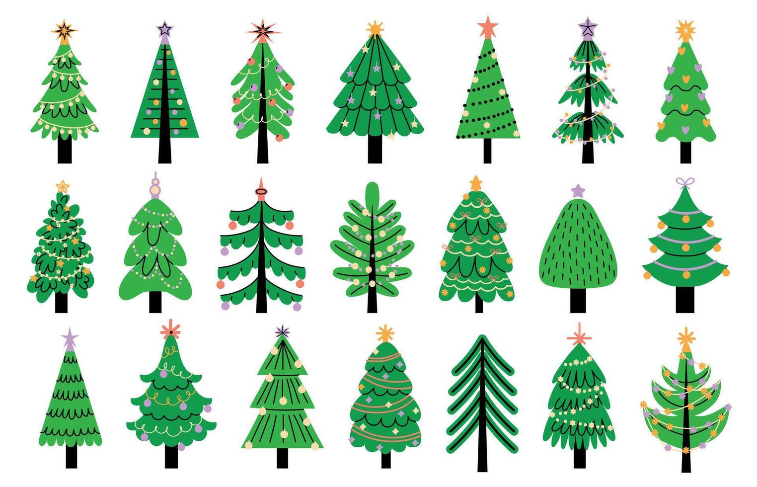 Decorated new year tree. Modern cartoon Christmas fir with decorations, new year xmas symbols of merry celebration. Vector winter season set