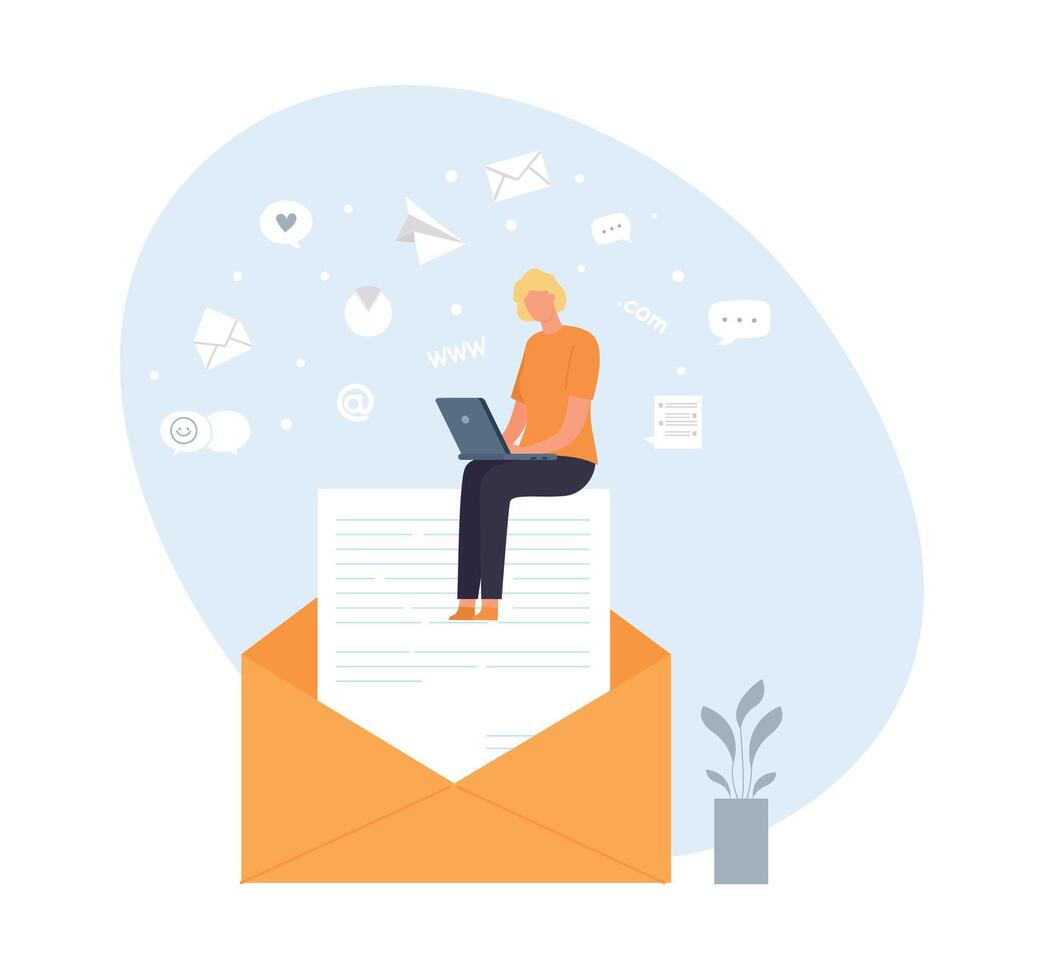 Email and messaging concept. Woman sitting on big envelope and working at laptop. Cartoon female character receiving letters vector