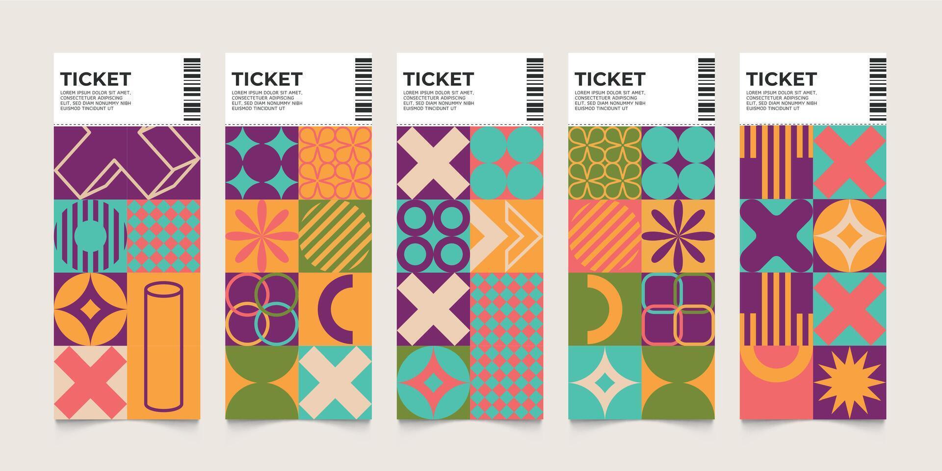 Tickets abstract lauout. Contemporary print of creative invitation flyer with minimalist geometric shapes and bauhaus creative concept. Vector set