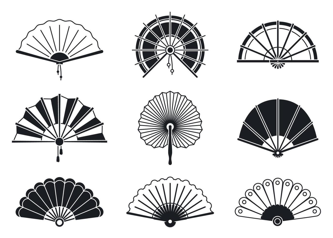 Black silhouettes of chinese, japanese paper folding hand fans vector