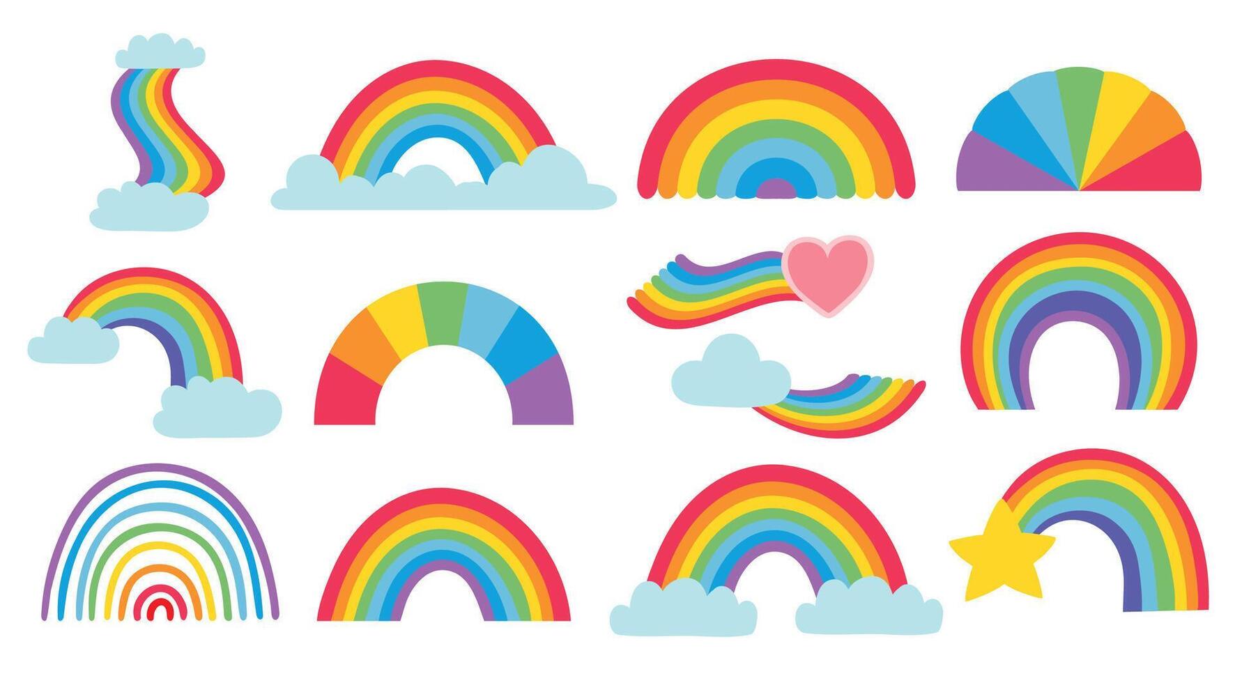 Cartoon rainbow collection, colored arcs weather set vector