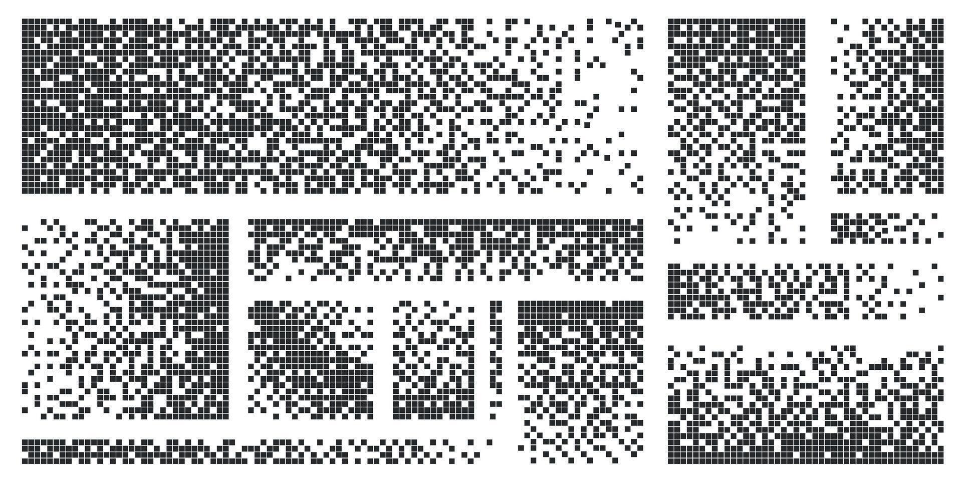 Pixel disintegration background, digital dots dissolve effect. Disappearing broken square mosaics. Data particles defragmentation vector set