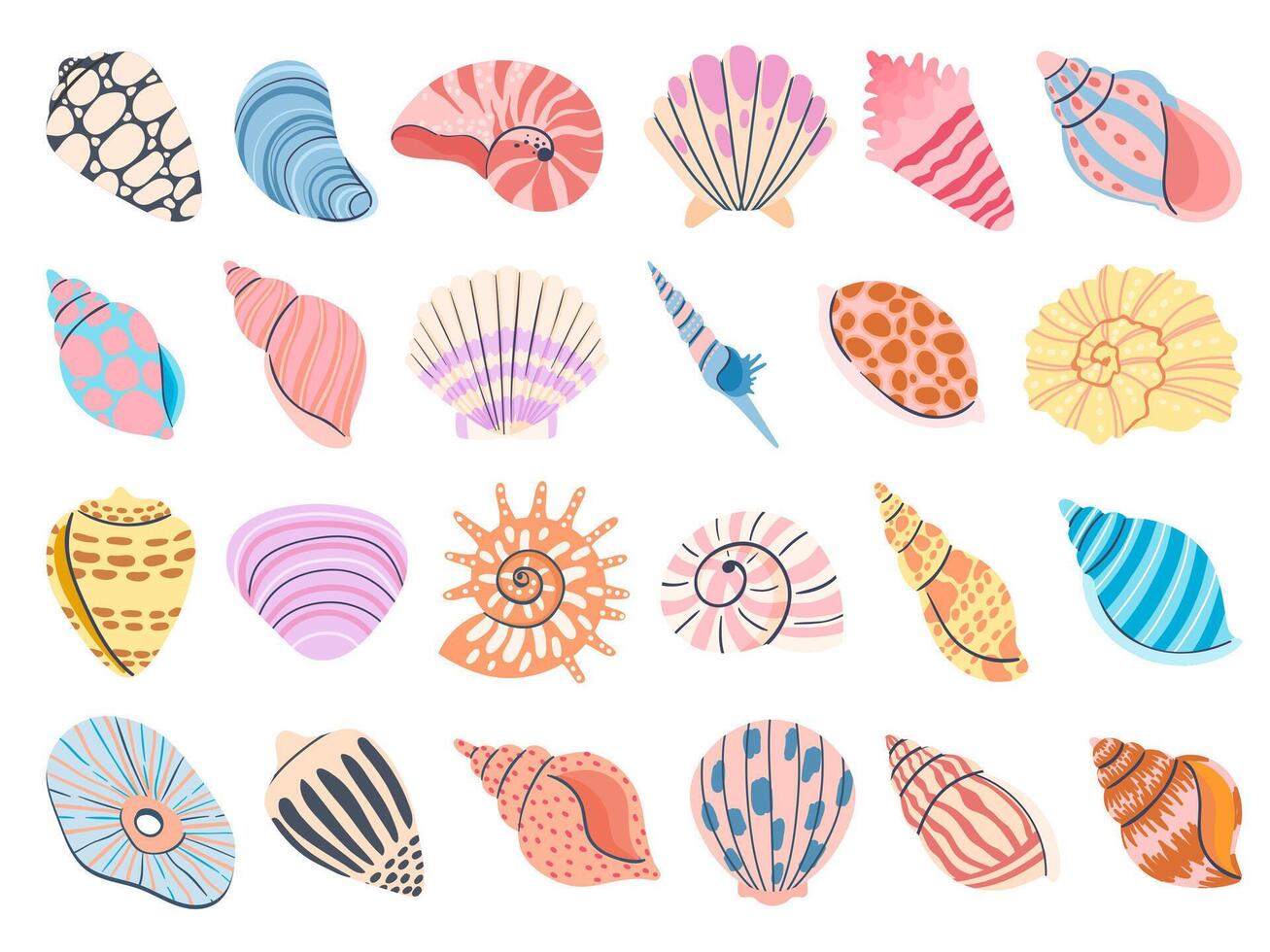 Tropical seashell. Cartoon clam, oyster and scallop shells. Colorful underwater conches of mollusk and sea snail. Ocean shellfish vector set