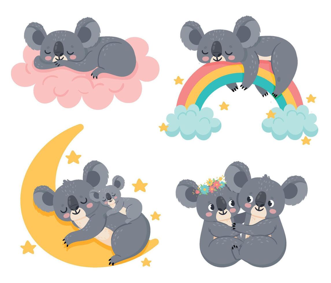 Cute cartoon koalas. Adorable animals sleeping on fluffy pink cloud, rainbow. Mother and kid relaxing and dreaming vector