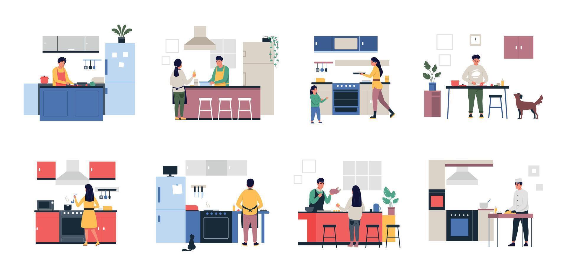 People on kitchen. Cartoon characters cooking together, man and woman family and friends preparing dinner at home and outdoor. Vector person cooking illustration