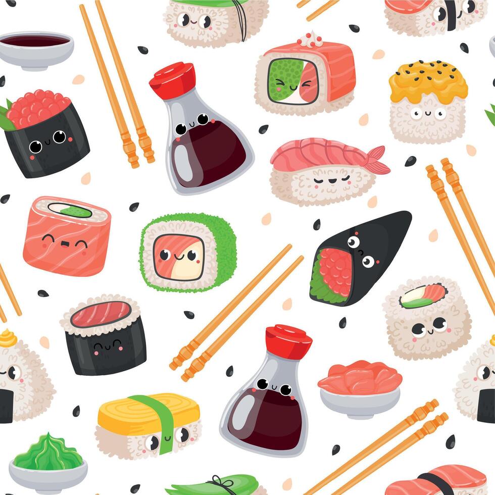 Cartoon kawaii sushi emoji character seamless pattern. Cute japanese food, rice roll with salmon, onigiri, soy sauce. Sashimi vector texture