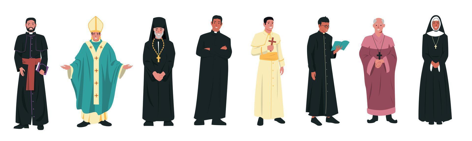 católico Iglesia caracteres. cristiano religión Iglesia líderes en diferente ropa, catolicismo religioso clérigo pastor sacerdote papa. vector dibujos animados conjunto