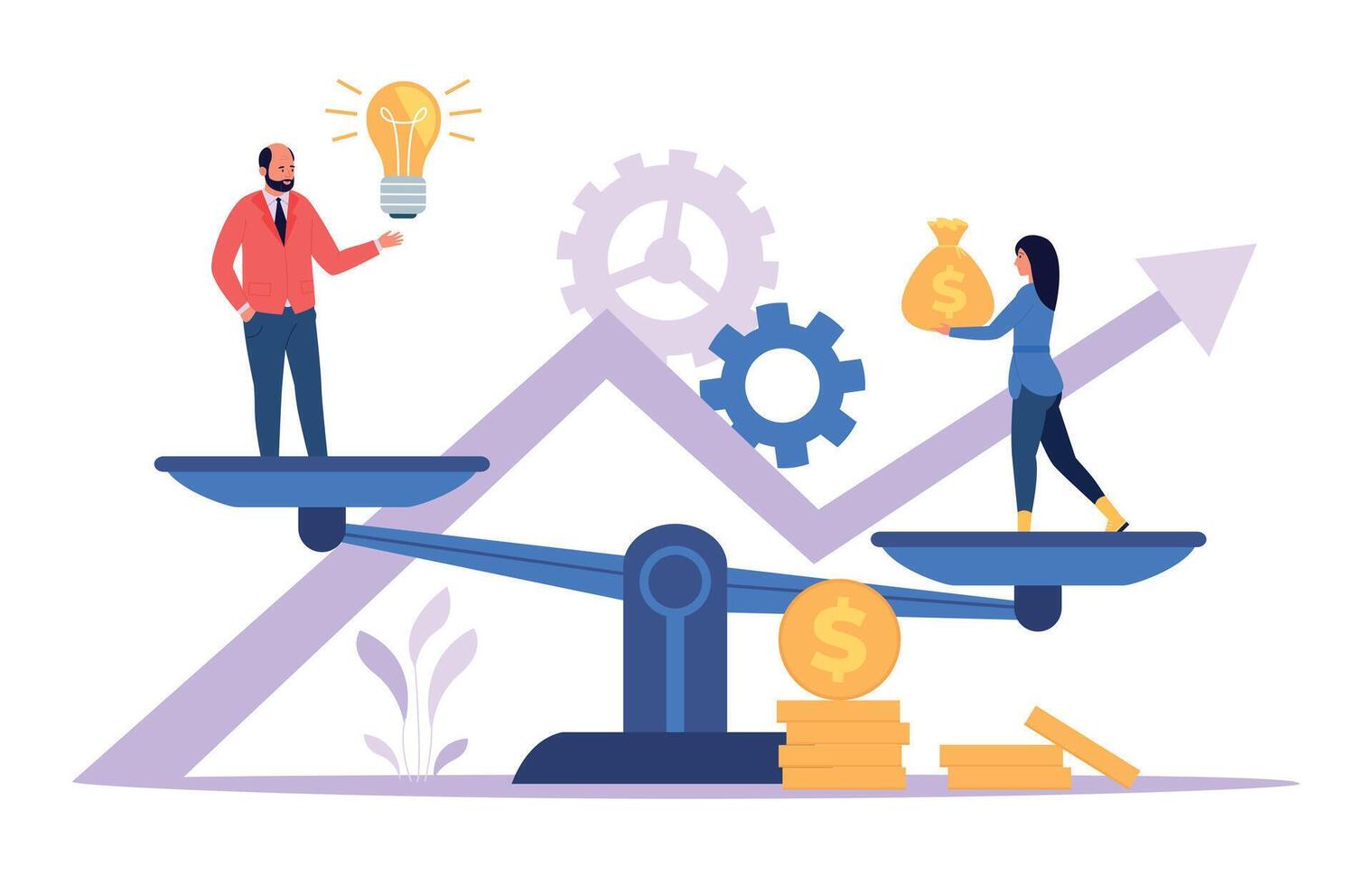 Finance idea investment concept. People invest in startup. Man and woman balancing on scales with sack of coins and light bulb vector