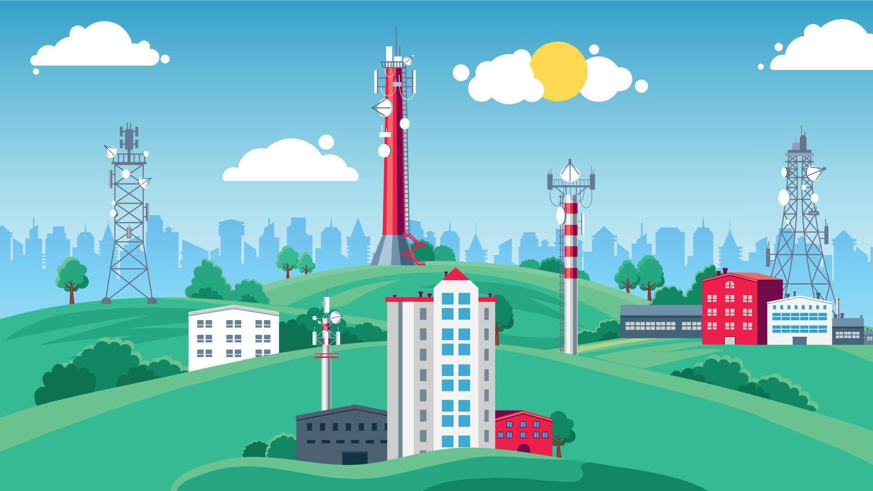 Landscape with transmittion tower. Telecom communication antenna, mobile phone connection, satellite network. Radio communication vector set