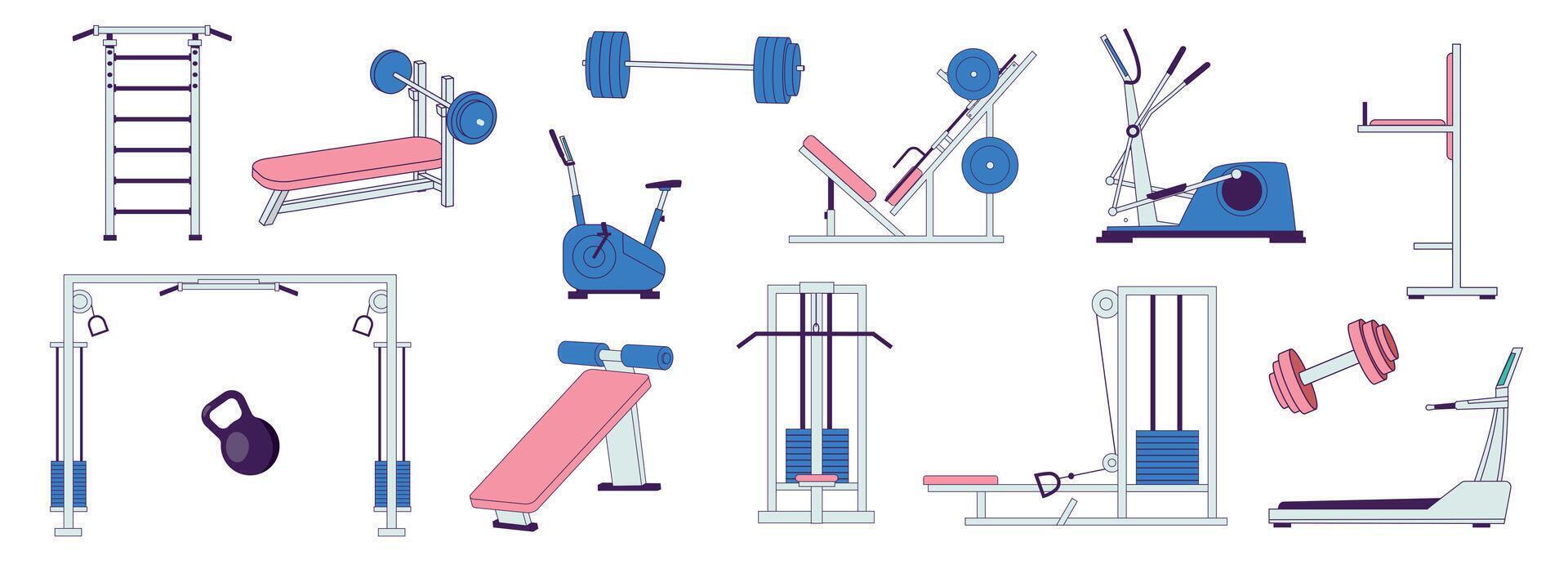 Training sport machines. Fitness equipment with barbells, dumbbells and mats, runner cycling bike and running cross trainer. Vector set