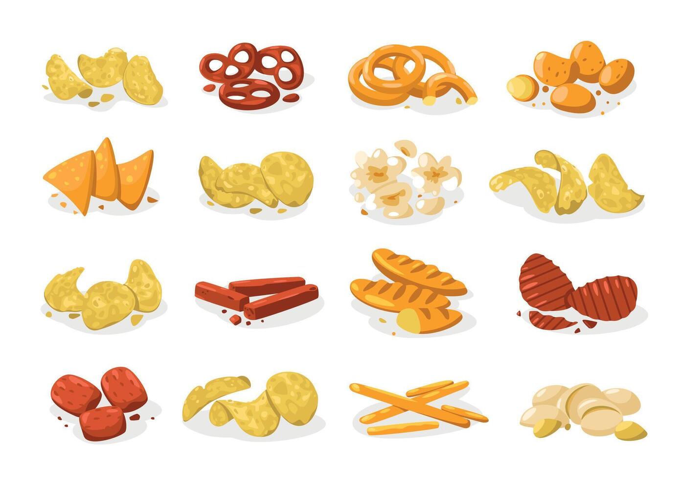 Salty snacks collection. Crunchy crackers, fried appetizers and baked snacks, nachos chips pretzels. Vector fast food isolated set