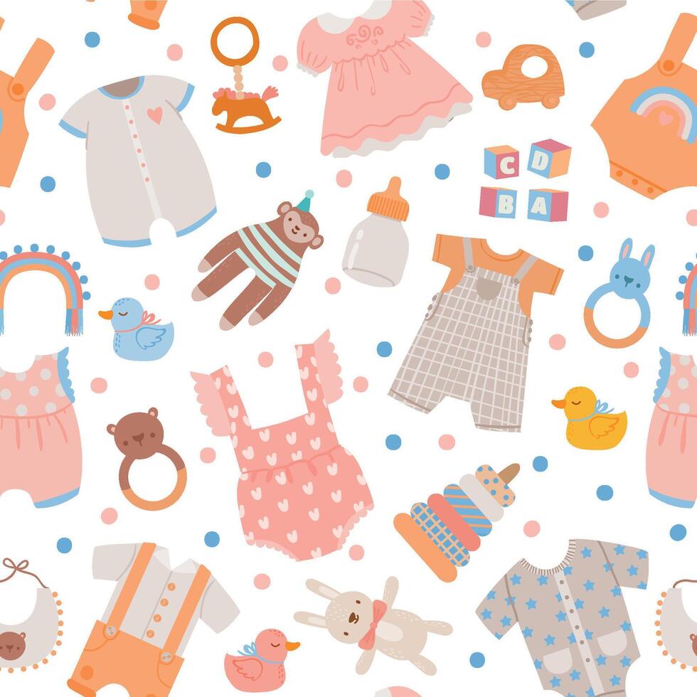 Baby shower seamless pattern. Cute newborn clothes, toys and accessory for boys and girls, bottle, dress and bodysuit. Nursery vector print