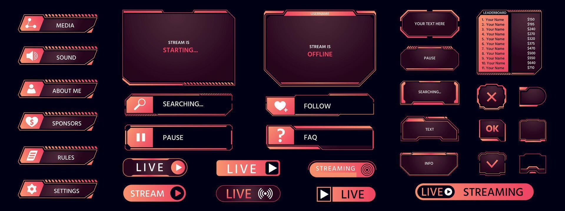 Game frame. Streaming interface elements, button icon frame futuristic layout asset, HUD live broadcast dashboard elements collection. Vector pop up stream set