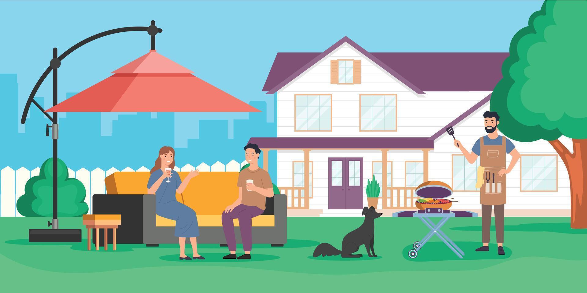 Family party with barbecue on backyard house vector