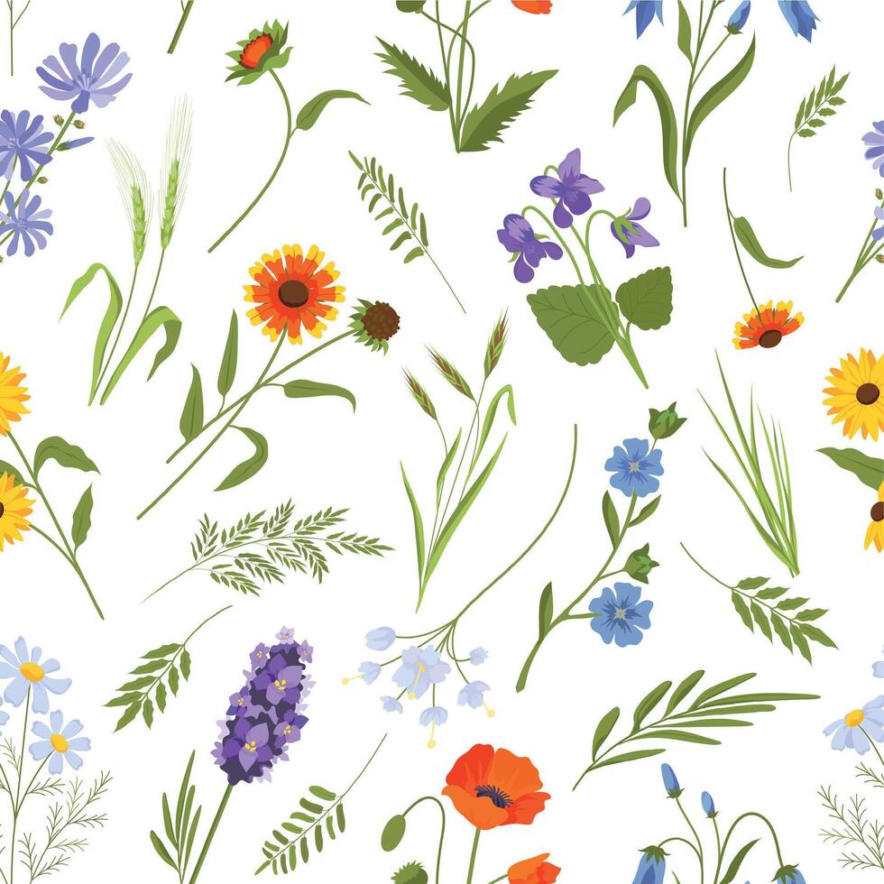 Meadow spring wild flowers and herbs seamless pattern. Vintage floral ornament with daisy, poppy and leaves. Cottagecore boho vector print