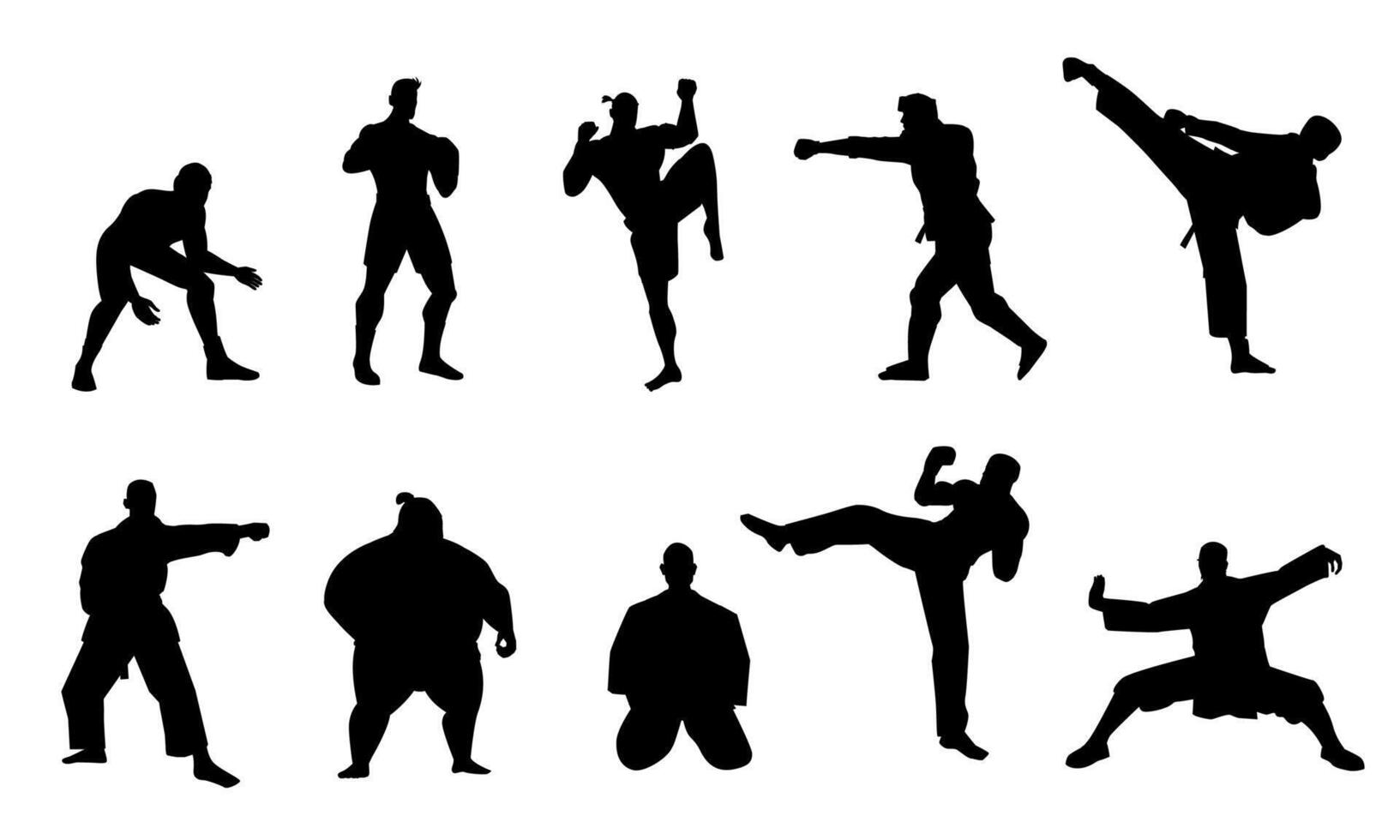 Martial fighters silhouettes. Black athletes characters punch opponents and sparring, traditional fight arts concept. Vector collection